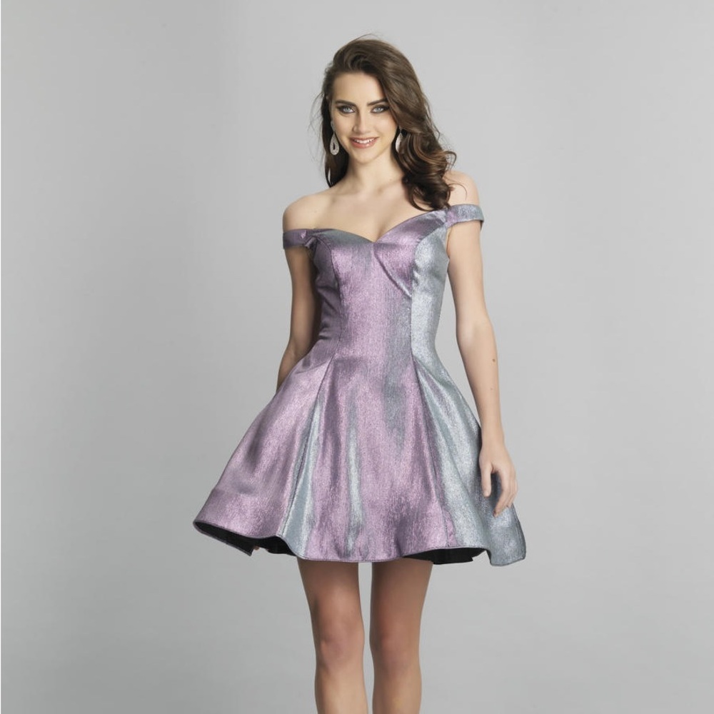 Dave & Johnny Purple and Silver Off-Shoulder Mini Dress
